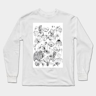rabbit and flowers ink Long Sleeve T-Shirt